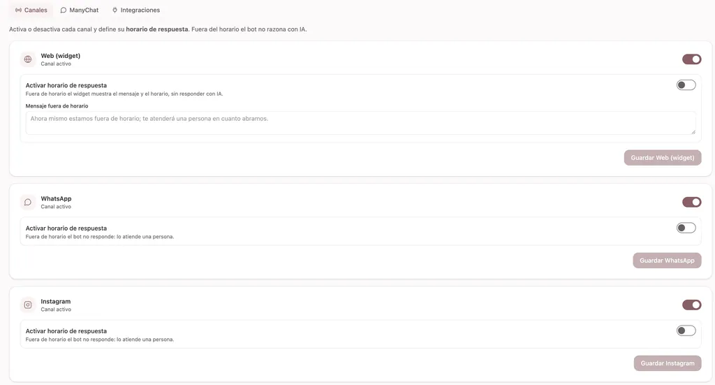 Assistant channels: web and WhatsApp active from one panel