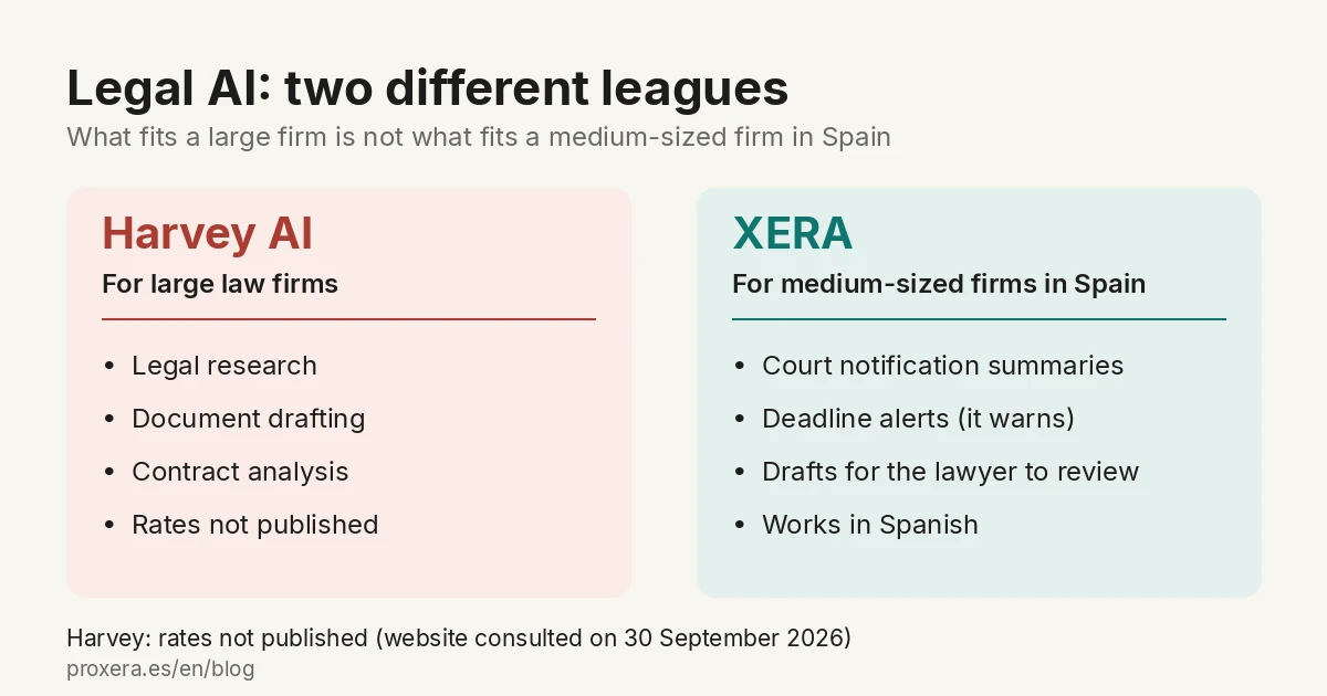 Two cards headed "Legal AI: two different leagues": Harvey AI, for large law firms, and XERA, for medium-sized firms in Spain