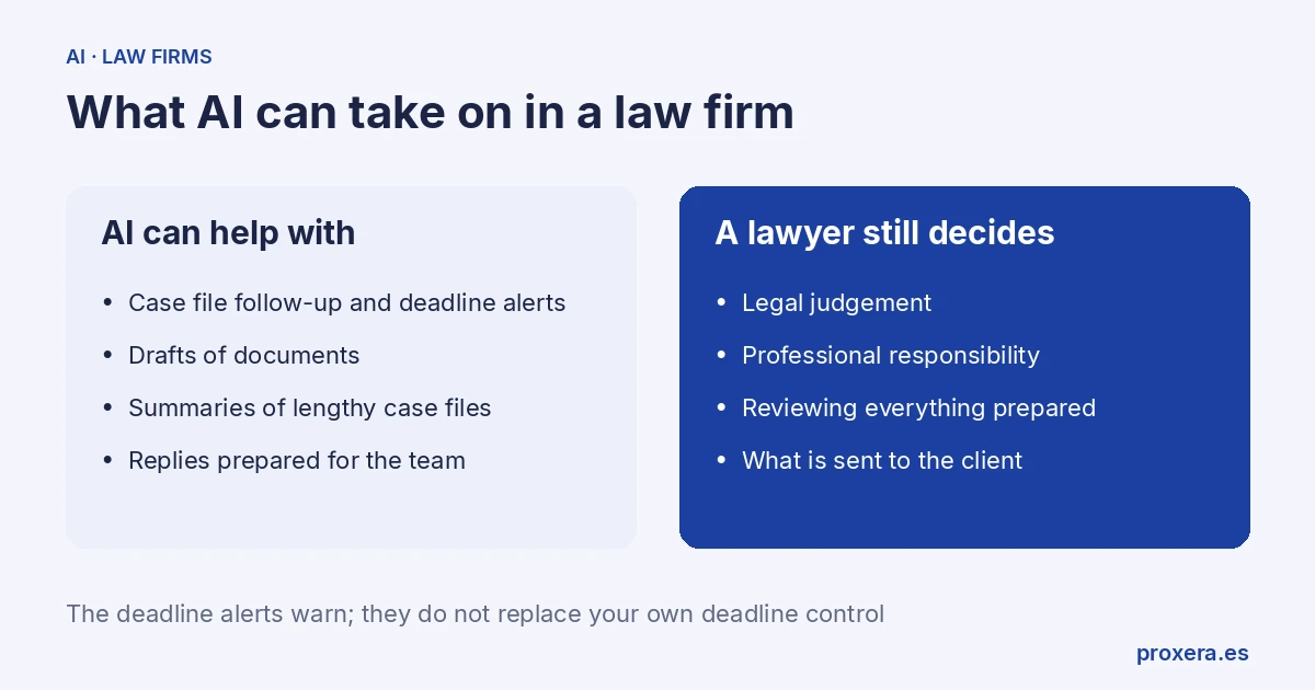 What AI can take on in a law firm: case file follow-up and deadline alerts, drafts, summaries and prepared replies; a lawyer still decides legal judgement, professional responsibility and what is sent