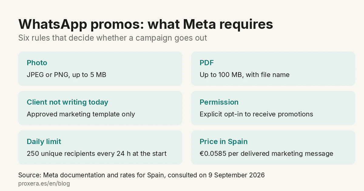 Summary of Meta's rules for sending WhatsApp promotions: photo up to 5 MB, PDF up to 100 MB, an approved marketing template, explicit opt-in, 250 unique recipients every 24 hours at the start and €0.0585 per marketing message in Spain