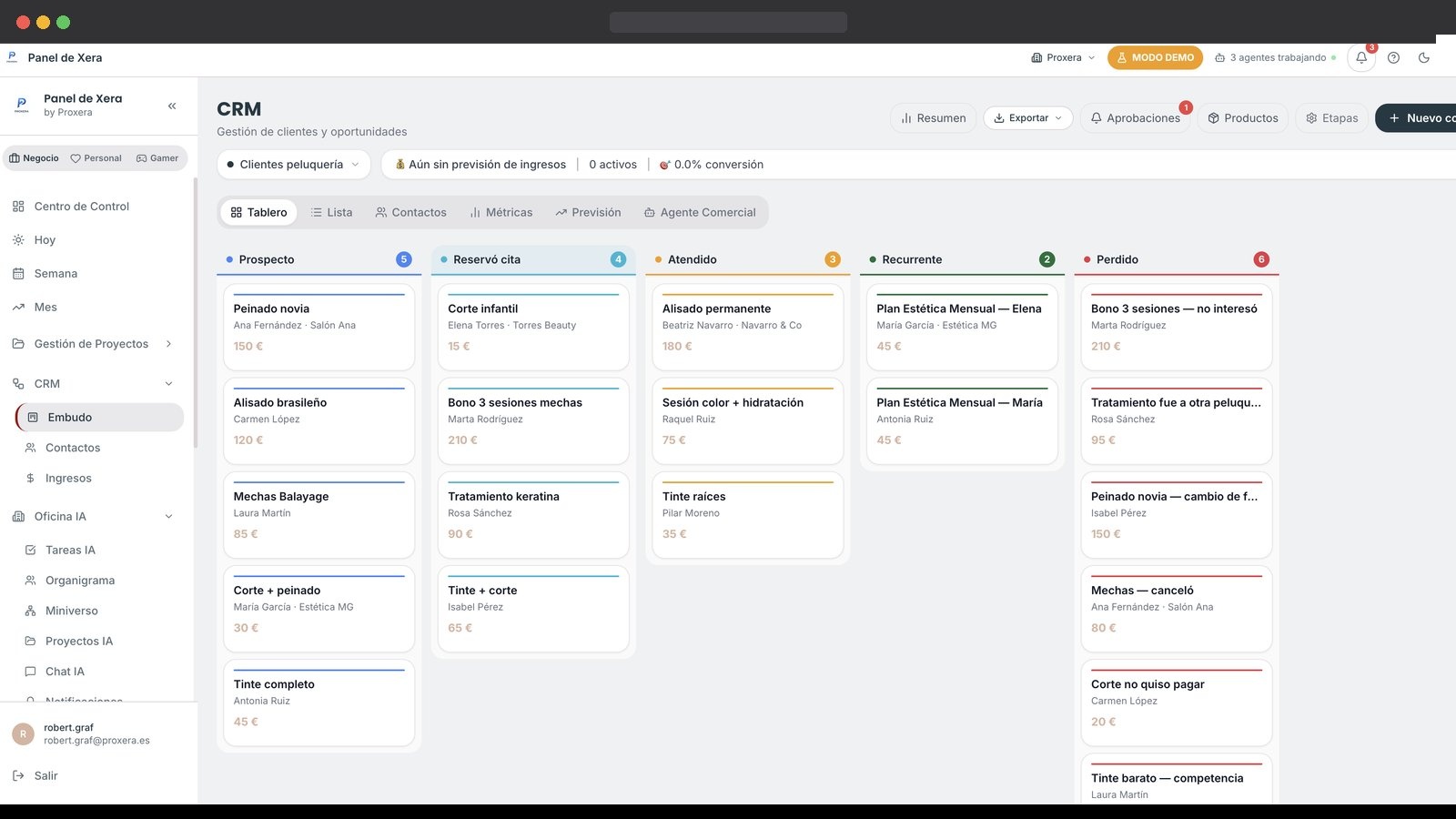 CRM XERA: pipeline Kanban con 5 etapas y oportunidades clasificadas por valor