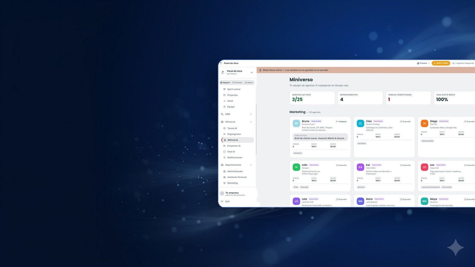 Panel XERA - Miniverso de agentes IA en tiempo real
