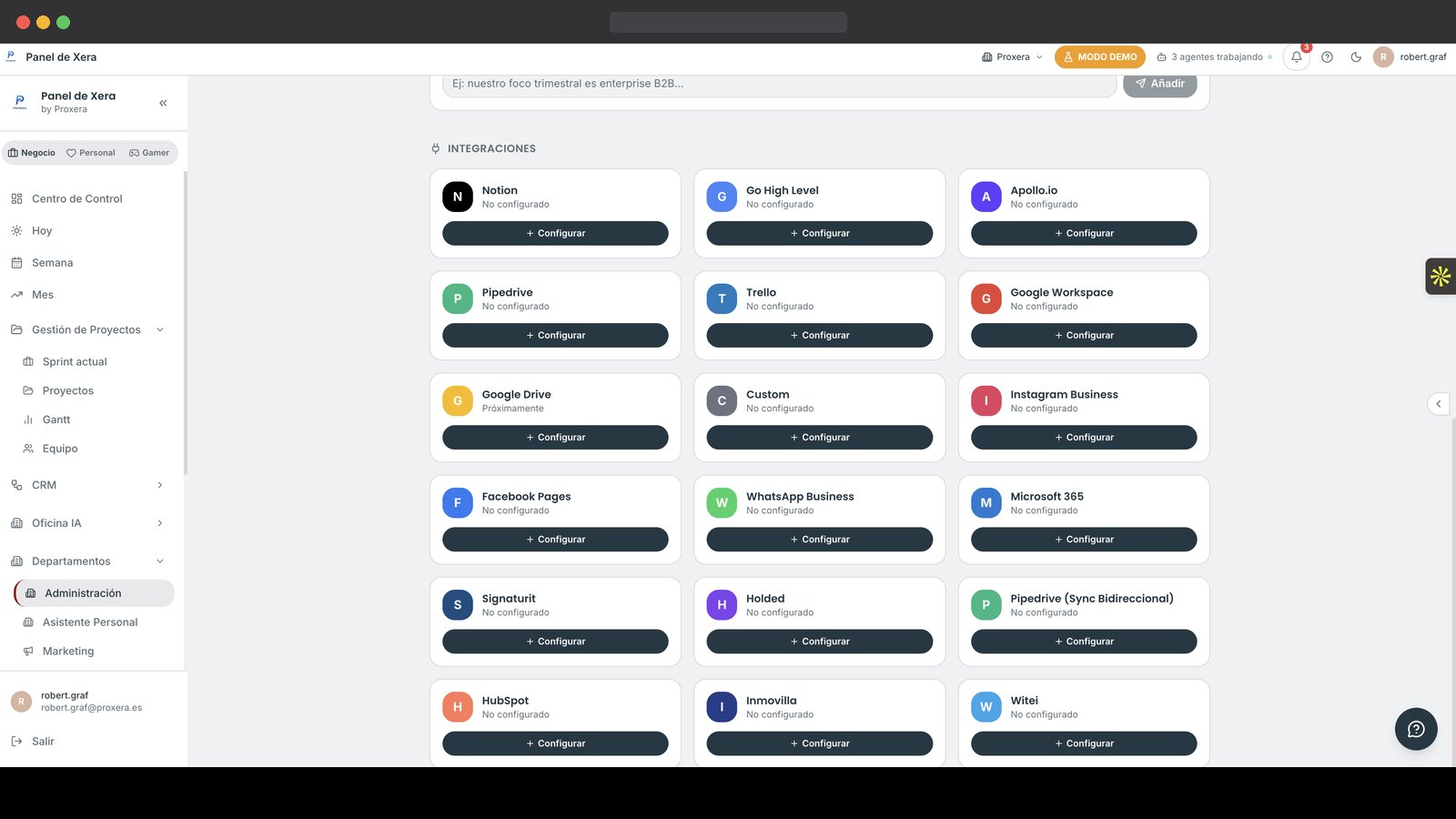 Integraciones XERA: Notion, Apollo, Pipedrive, Trello, Google Workspace, WhatsApp Business, Microsoft 365, Signaturit, Holded, HubSpot y más