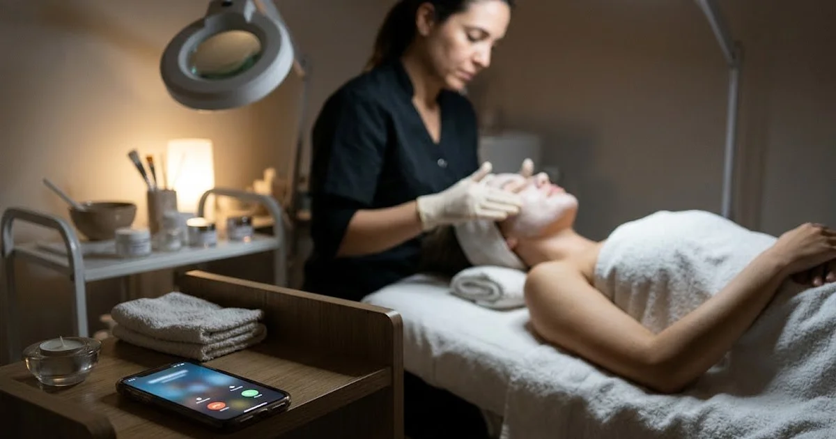 Cabina de estética en penumbra con una esteticista trabajando y un móvil iluminado en la repisa