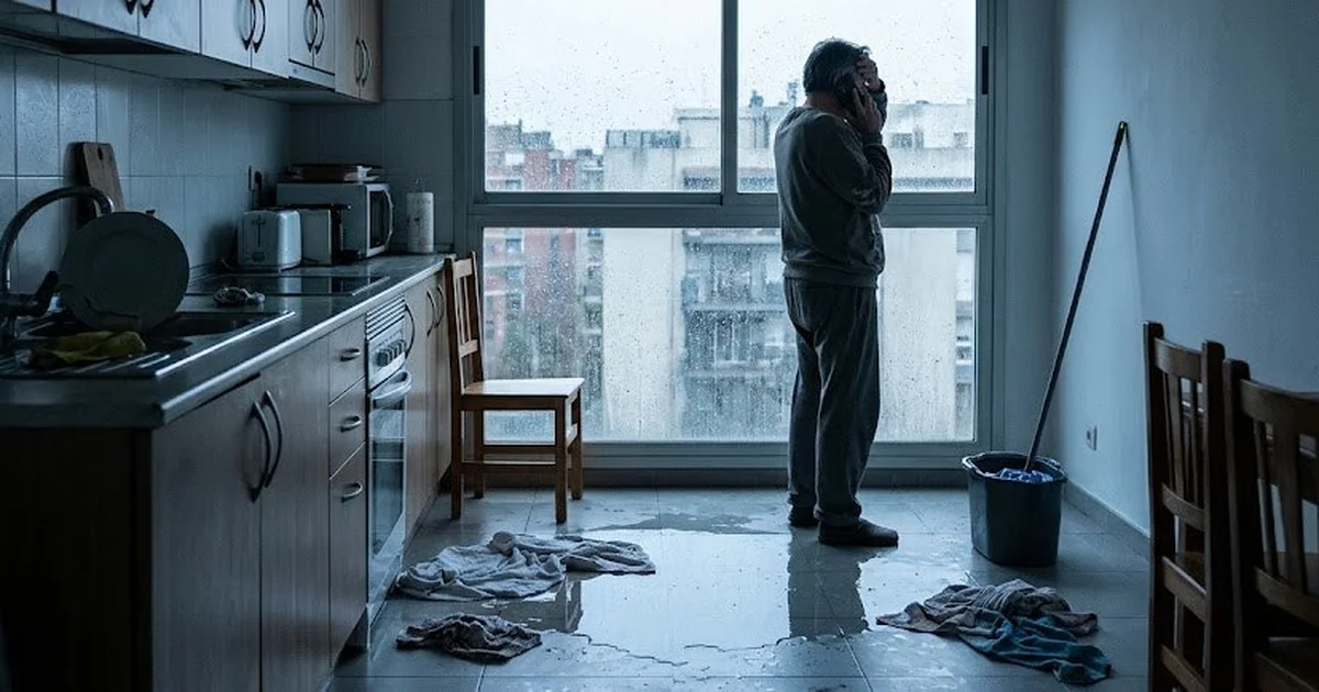 Cocina con el suelo encharcado tras una tormenta y una persona llamando por el móvil junto a la ventana