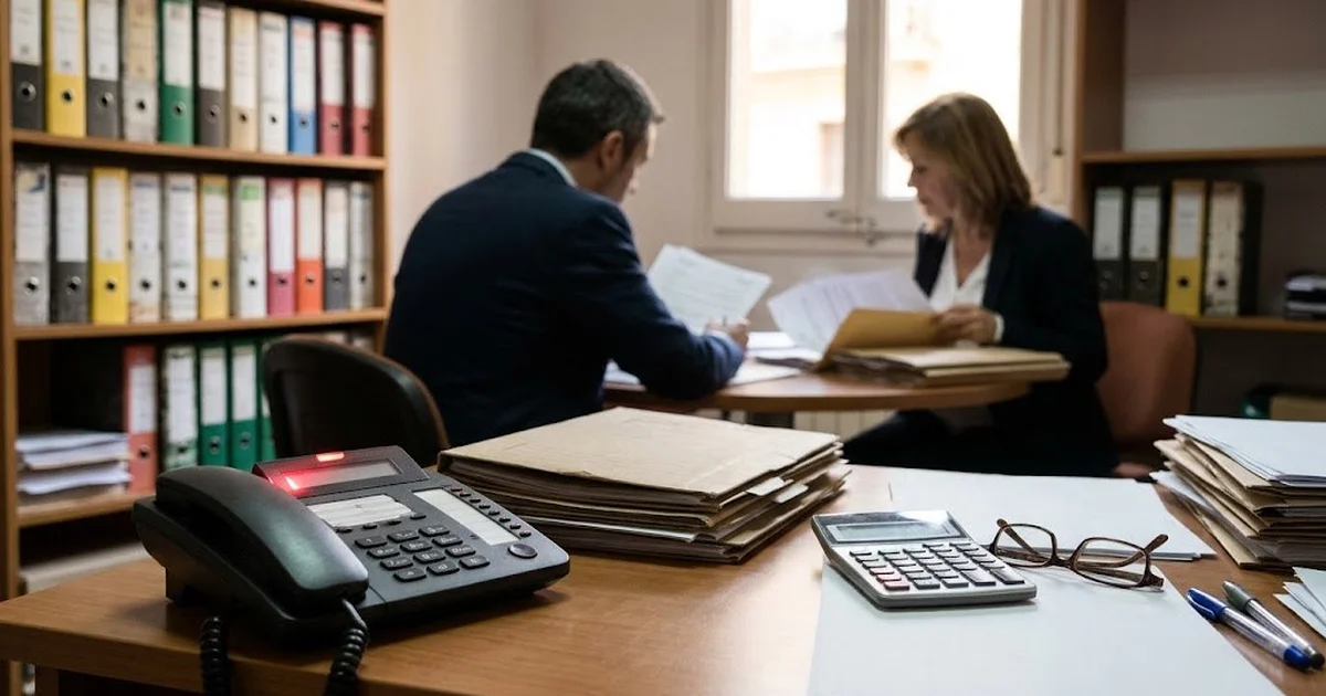 Mesa de una asesoría con carpetas y un teléfono fijo sonando mientras el asesor atiende a una clienta