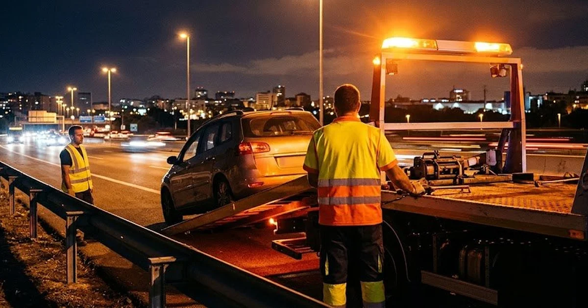 Grúa con las luces naranjas encendidas cargando un coche en el arcén de noche