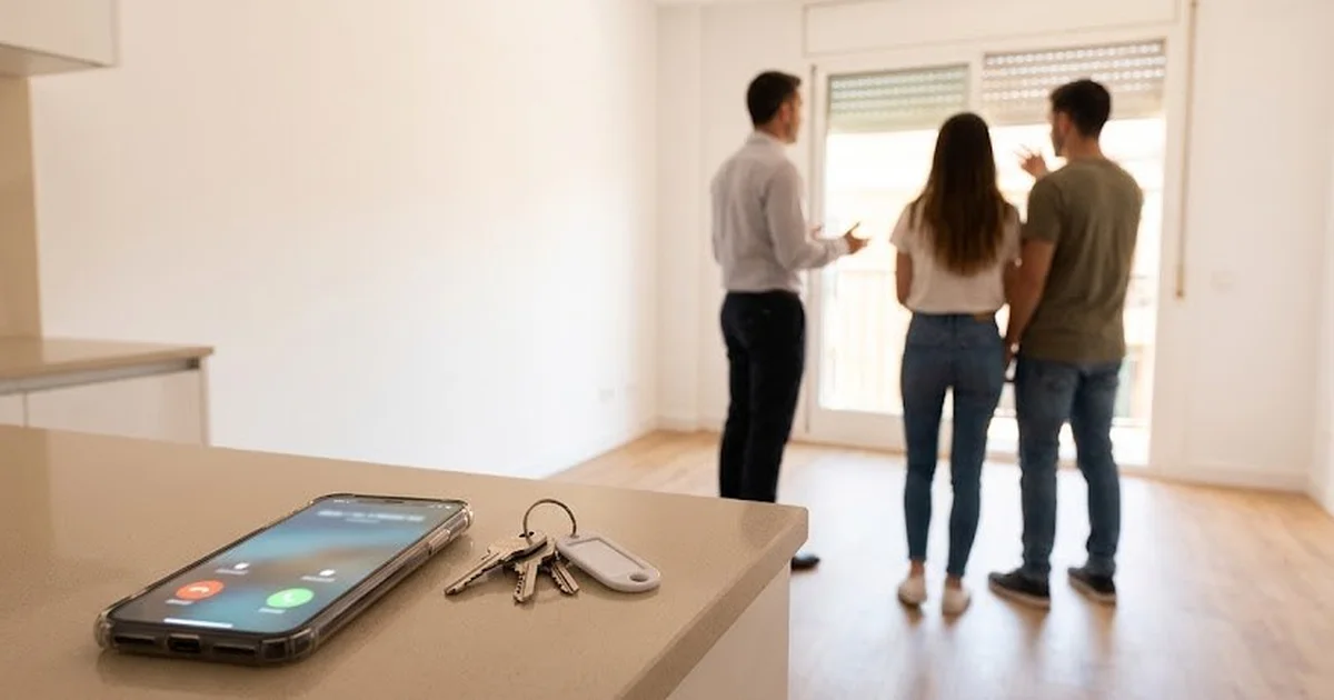 Agente inmobiliario enseñando un piso vacío mientras el móvil vibra en la encimera de la cocina