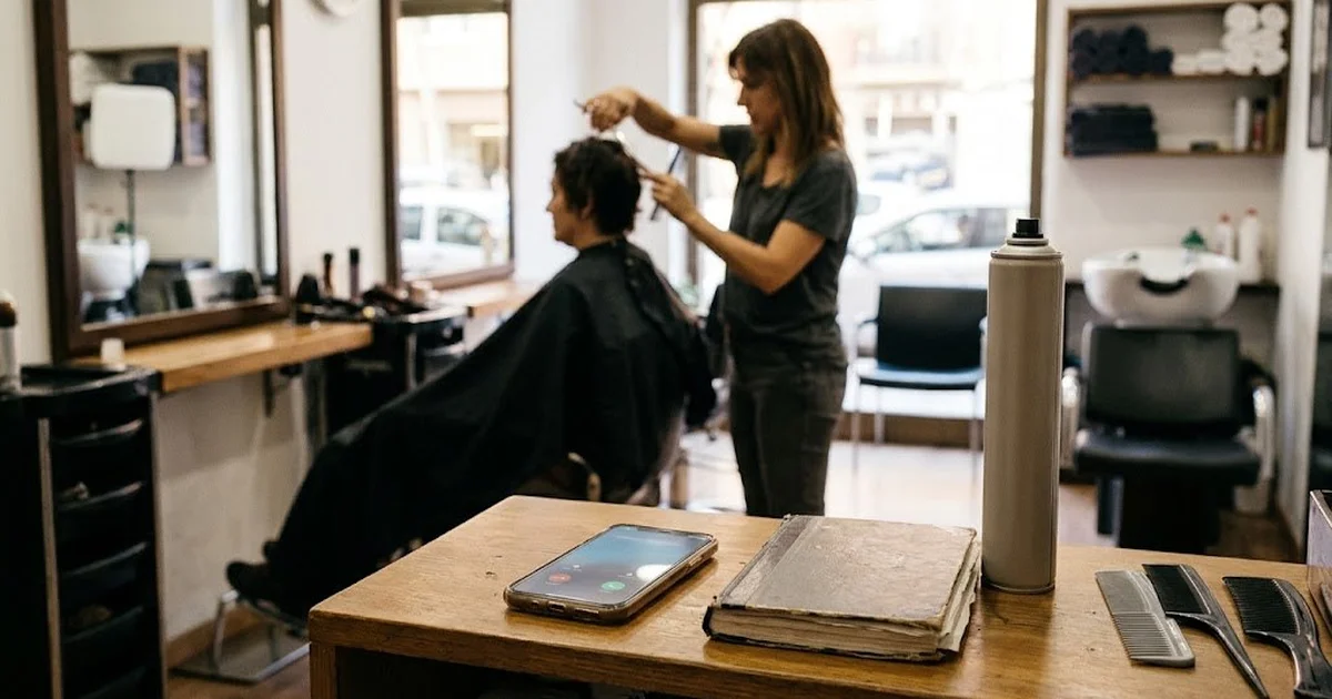 Peluquera cortando el pelo a una clienta mientras un móvil suena en el mostrador del salón