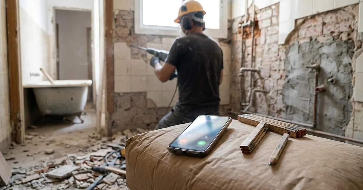 Móvil sonando sobre un saco de cemento en un baño en obra, con el operario al fondo picando azulejos