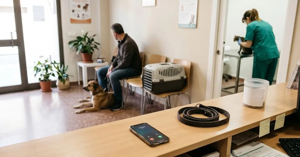 Recepció d'una clínica veterinària amb un mòbil que sona al taulell i un gos que espera amb el seu amo