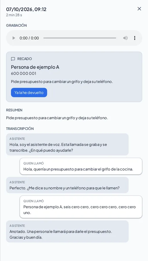 A demo call page: recording player, the message with a sample name and phone number, the summary and the transcript of the conversation with the assistant.