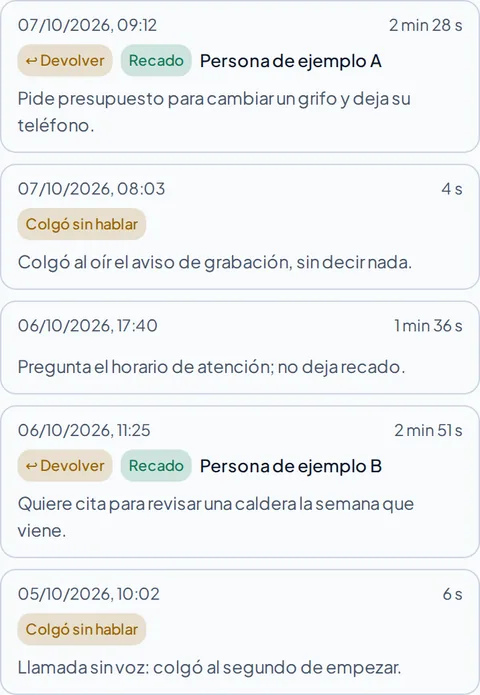 Demo call list on a phone, as cards with the date, the length, the message and the summary of each call.